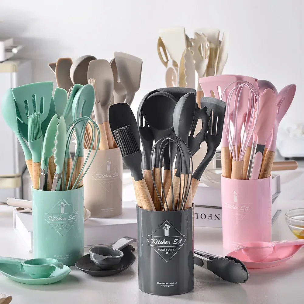 Silicone Kitchen Utensil Set with Wooden Handles