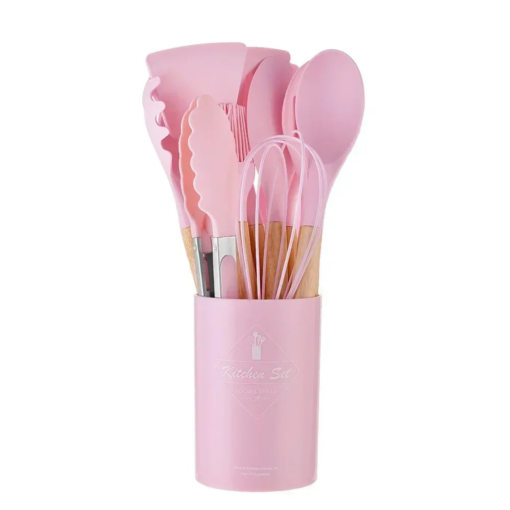 Silicone Kitchen Utensil Set with Wooden Handles