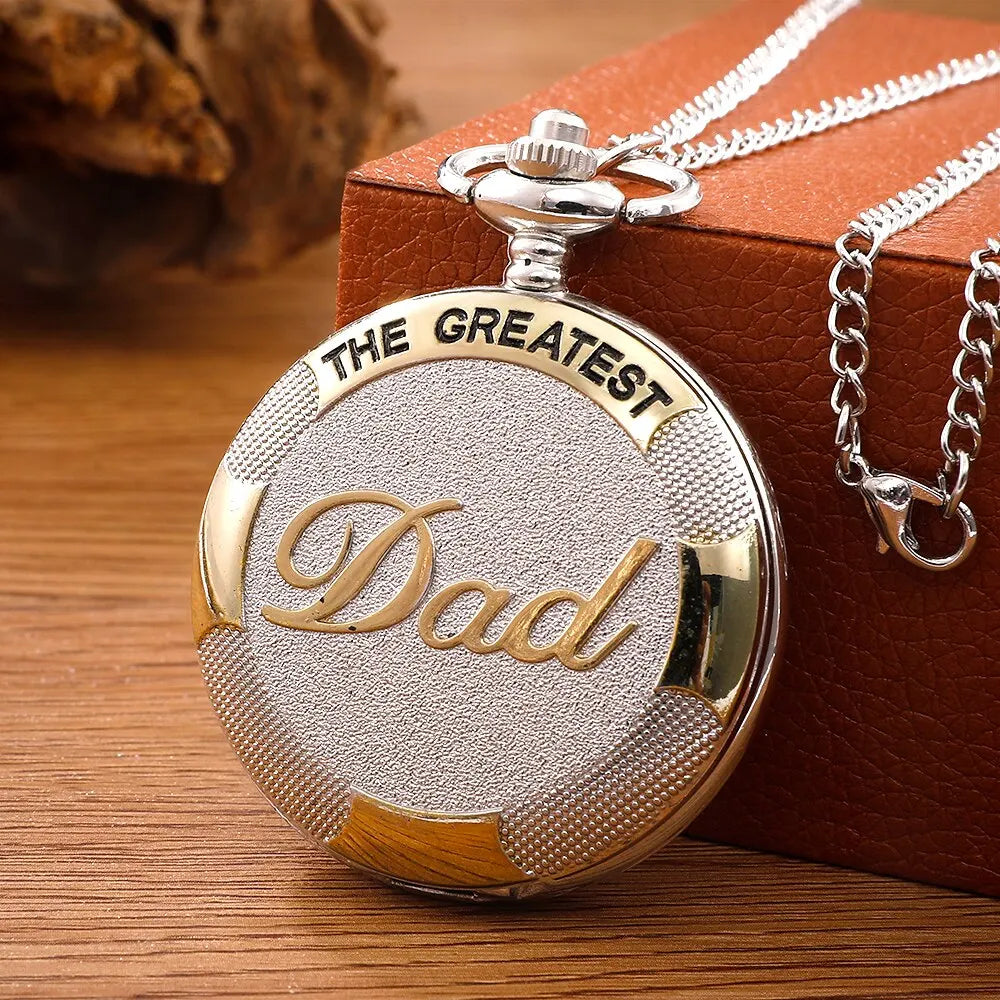 Vintage Silver Golden Luxury ....................THE GREATEST DAD Quartz Pocket Watch Fob Chain