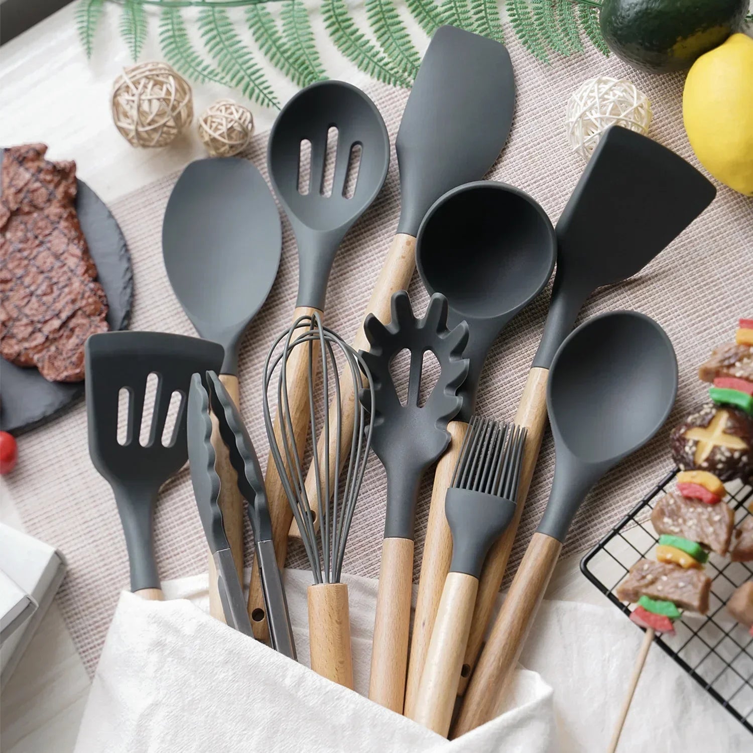 Silicone Kitchen Utensil Set with Wooden Handles