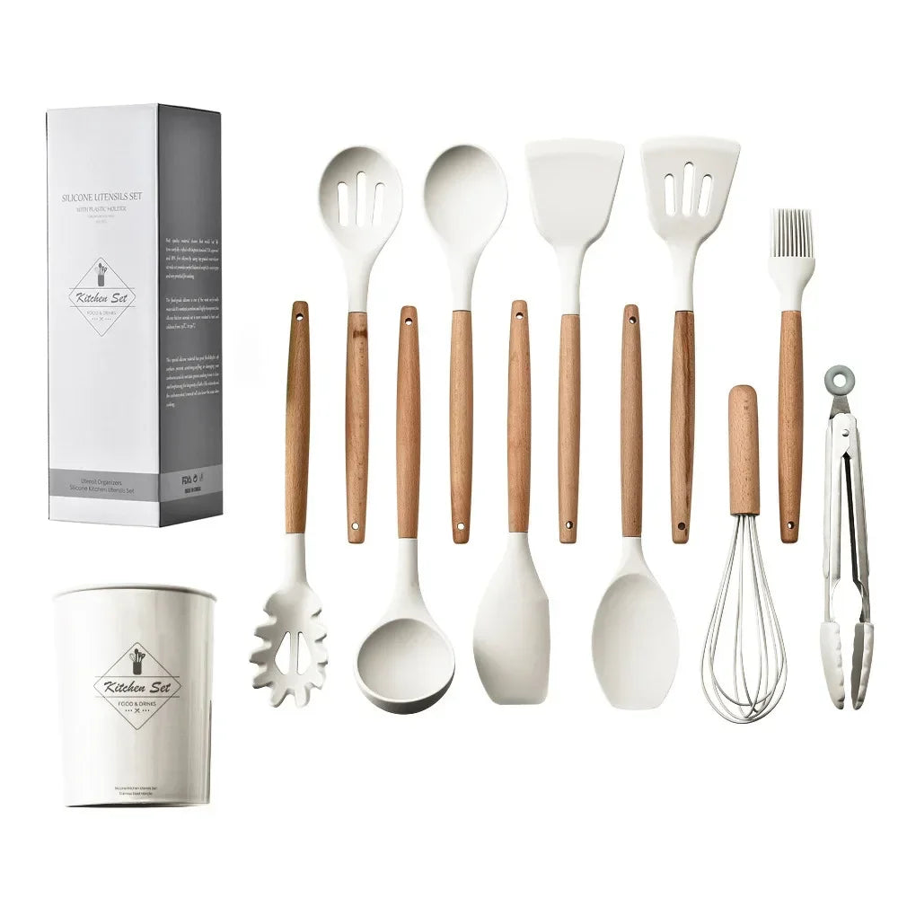 Silicone Kitchen Utensil Set with Wooden Handles