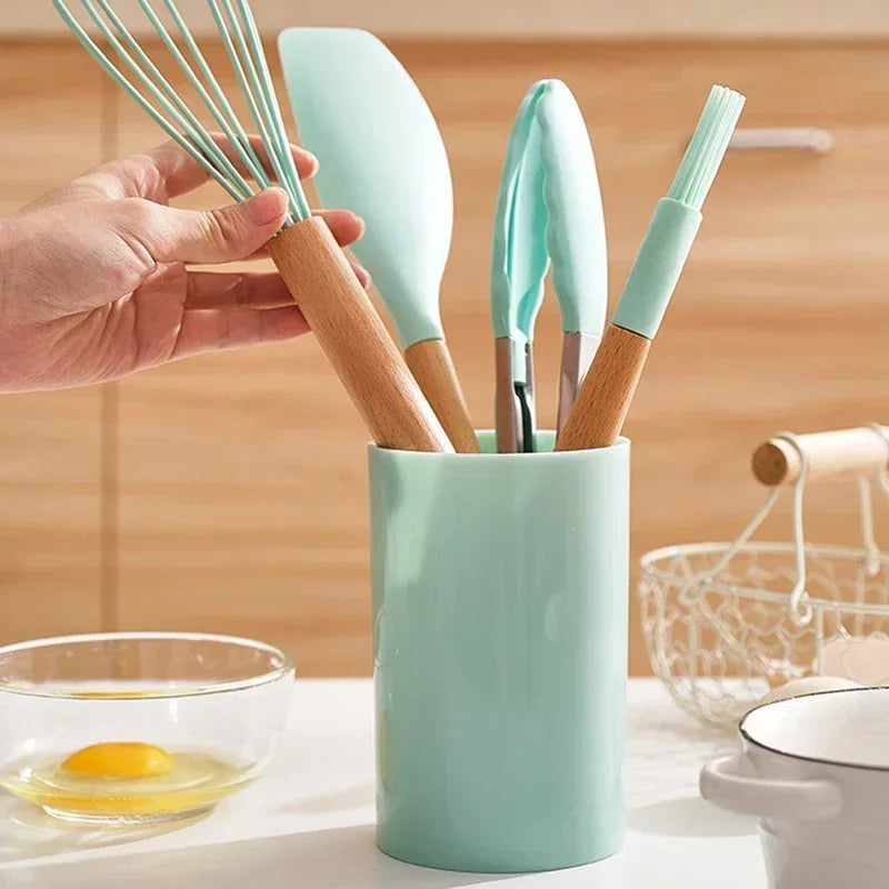 Silicone Kitchen Utensil Set with Wooden Handles