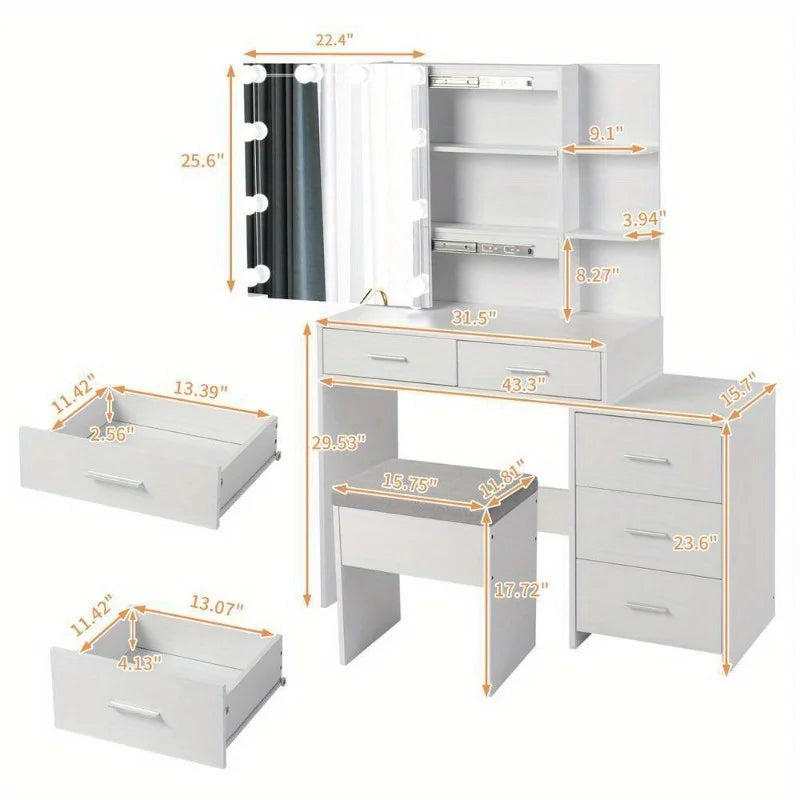5-Drawer Vanity Desk with LED Mirror