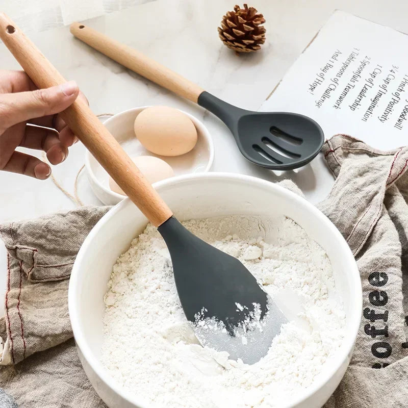 Silicone Kitchen Utensil Set with Wooden Handles