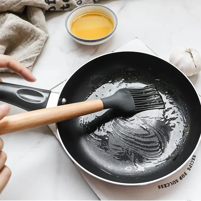 Silicone Kitchen Utensil Set with Wooden Handles