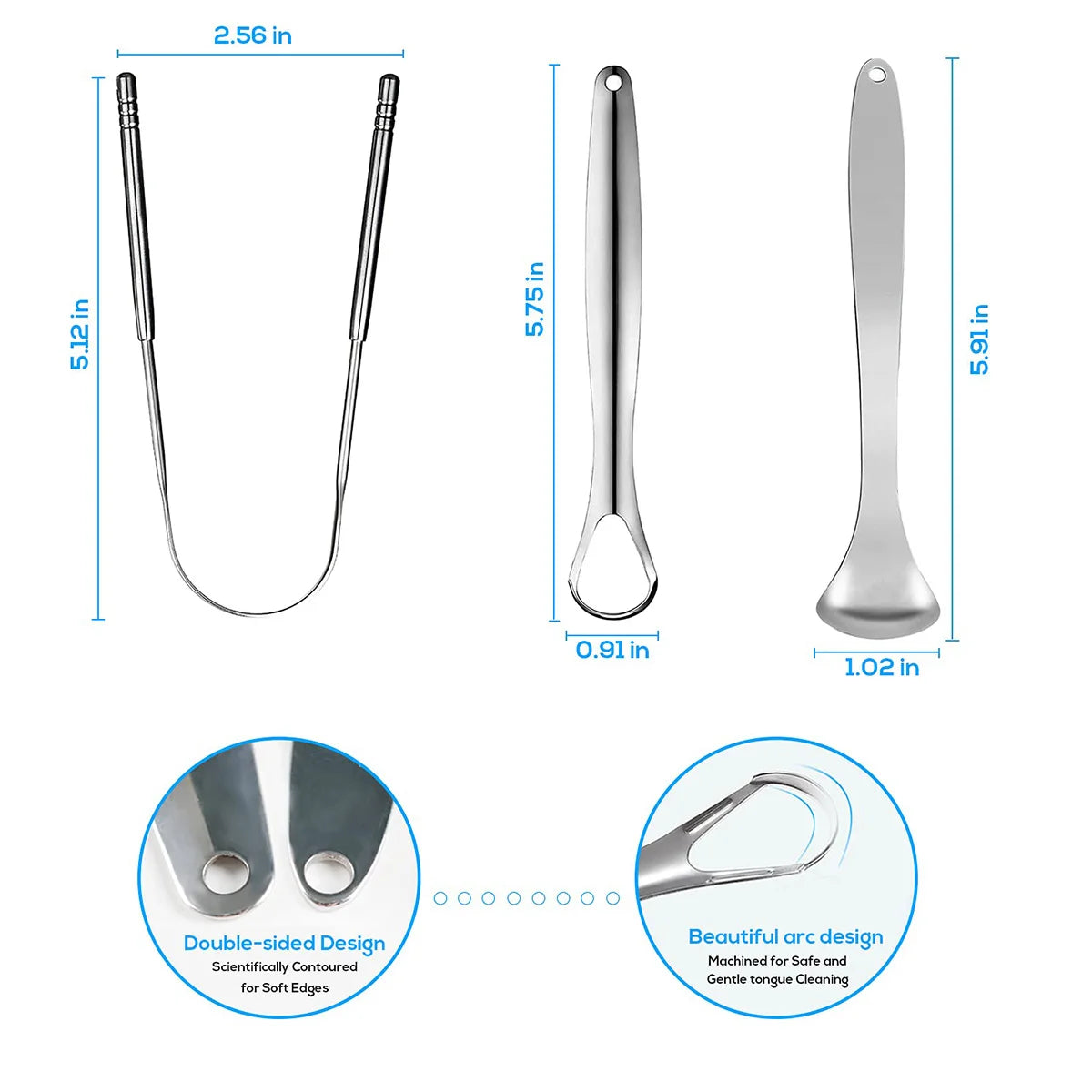 Portable Premium 3pcs Metal Tongue Scraper Cleaner for Adults & Kids,