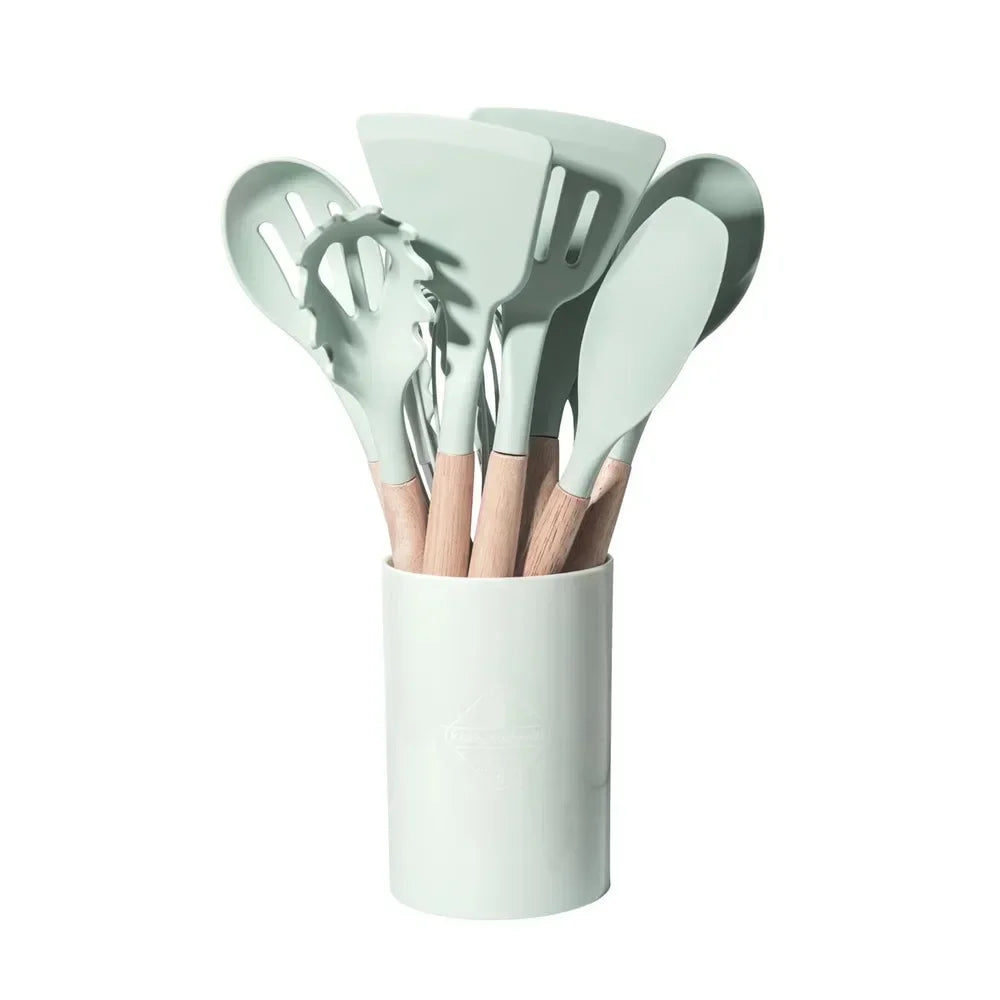 Silicone Kitchen Utensil Set with Wooden Handles