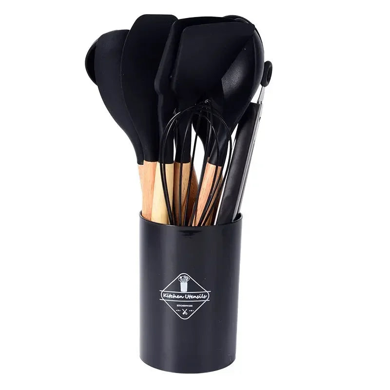 Silicone Kitchen Utensil Set with Wooden Handles