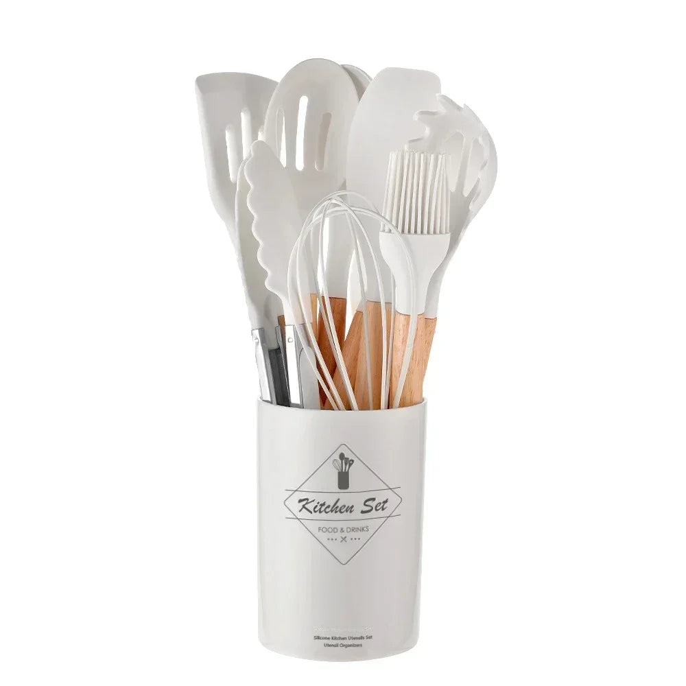 Silicone Kitchen Utensil Set with Wooden Handles